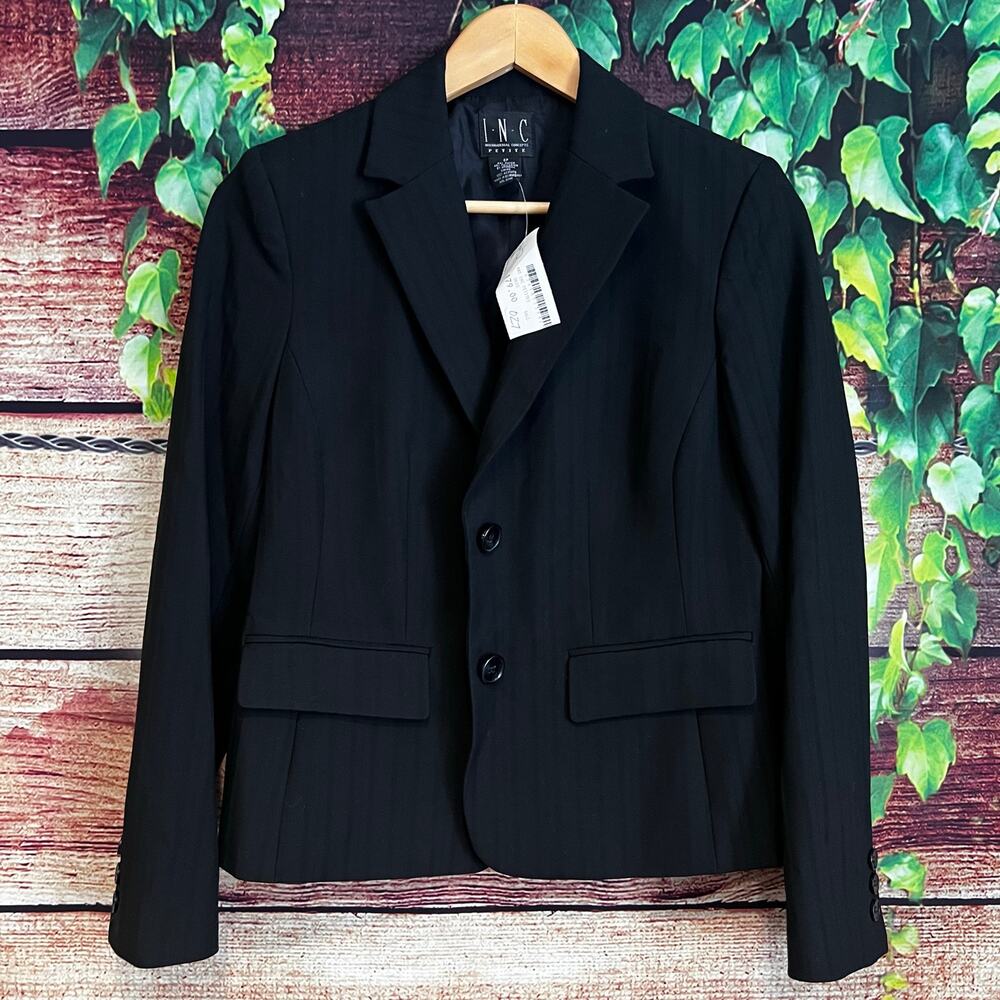INC International Concepts Women's Blazer 6P Petite Black Striped Suit Jacket